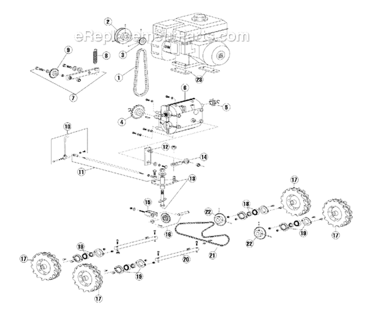 Power Train Assembly Diagram and Parts List for SC18 SC 18 968981201 - 2005-12 Husqvarna Sod Cutter