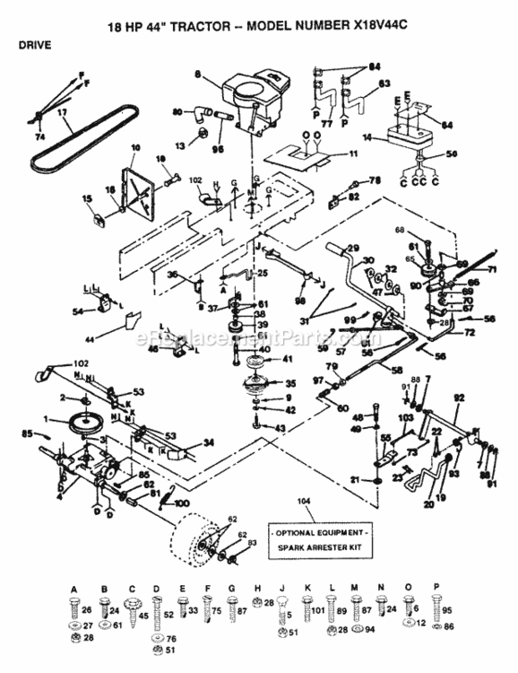 Page C Diagram and Parts List for X18V44C 1992 Husqvarna Lawn Tractor