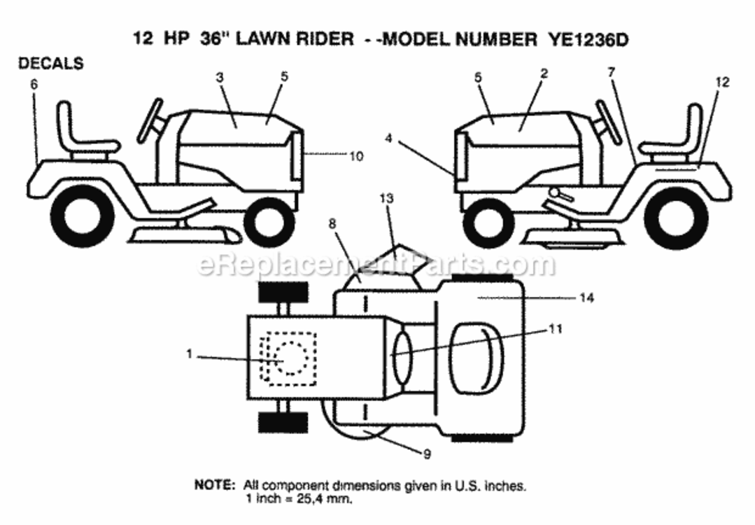 Page C Diagram and Parts List for YE1236D 1999 And Before Husqvarna Lawn Tractor