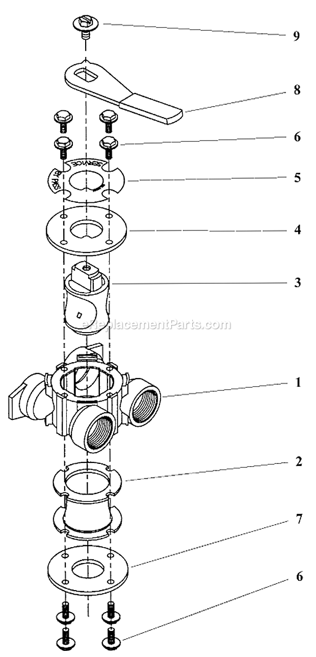 Bypass Valve Assembly, Brass Diagram and Parts List for 5600  Hydrotech Water Softener