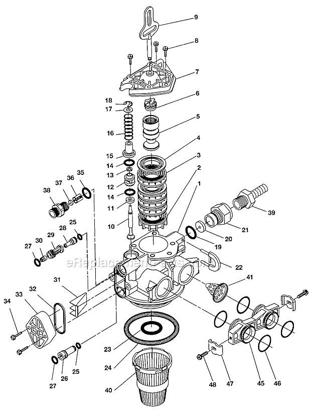 Control Valve Assembly Diagram and Parts List for PROFLOSXT Upflow Hydrotech Water Softener