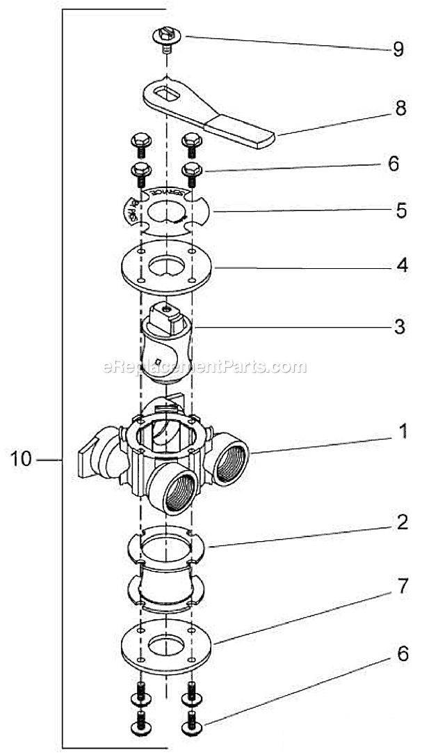 Bypass Valve Assembly (Metal) Diagram and Parts List for PROFLOSXT Upflow Hydrotech Water Softener