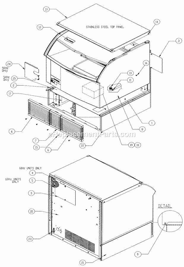 Bin And Exterior Components Diagram and Parts List for ICEU-305  Ice-O-Matic Ice Maker