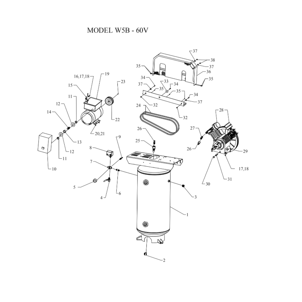 Main Diagram and Parts List for W5B-60V-SSC  Jenny Compressor