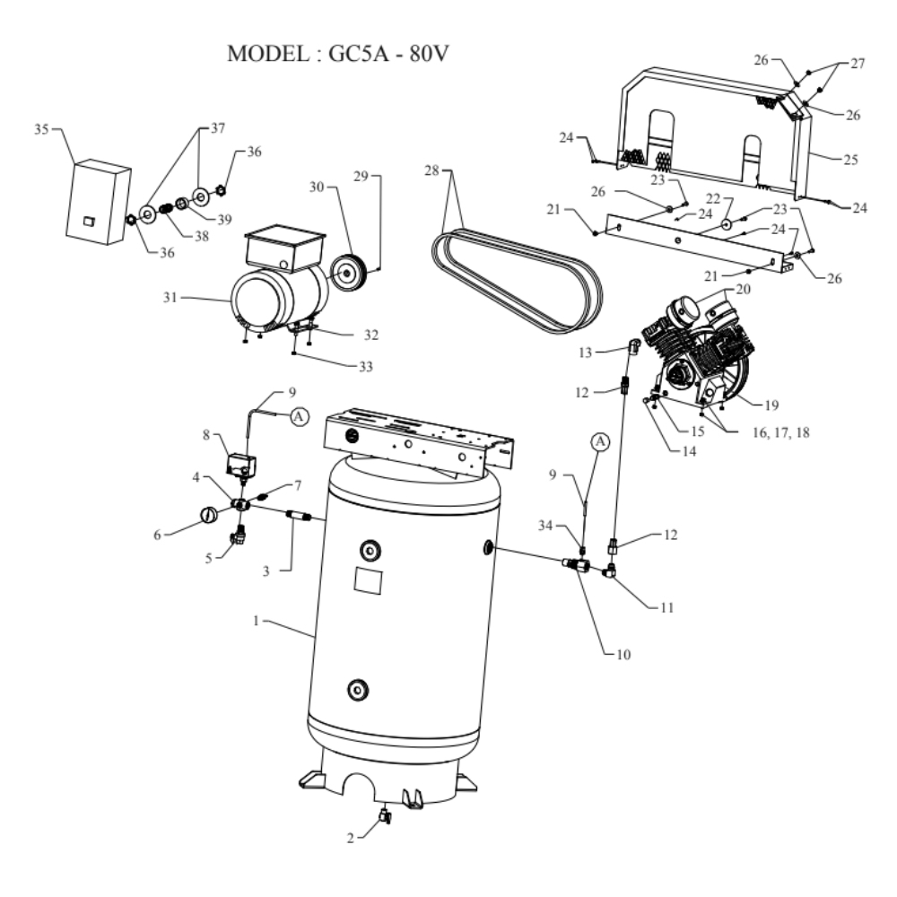 Main Diagram and Parts List for GC5A-80V-SSC  Jenny Compressor