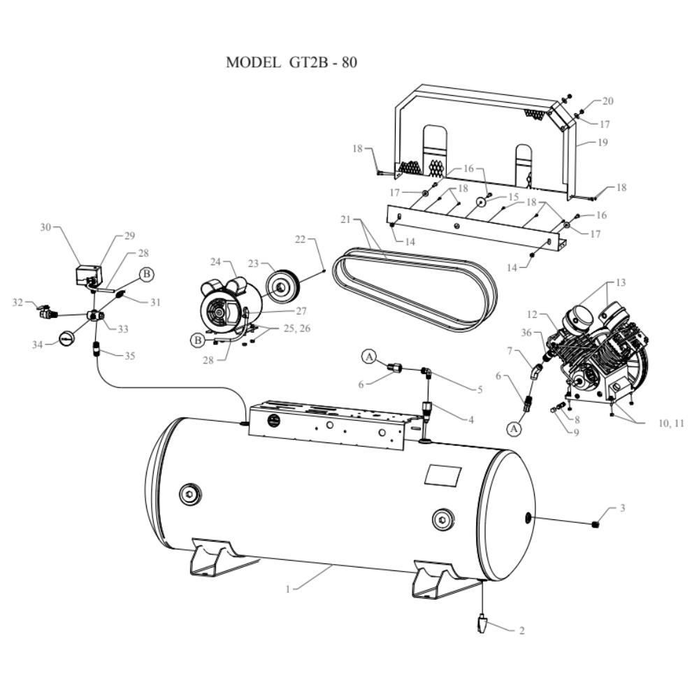 Main Diagram and Parts List for GT2B-80-SSC  Jenny Compressor