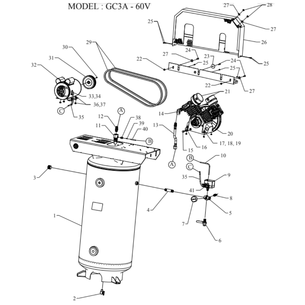 Main Diagram and Parts List for GC3A-60V-SSC  Jenny Compressor