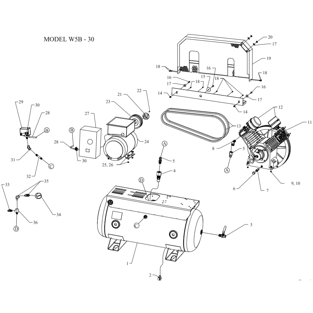 Main Diagram and Parts List for W5B-30-SSC  Jenny Compressor