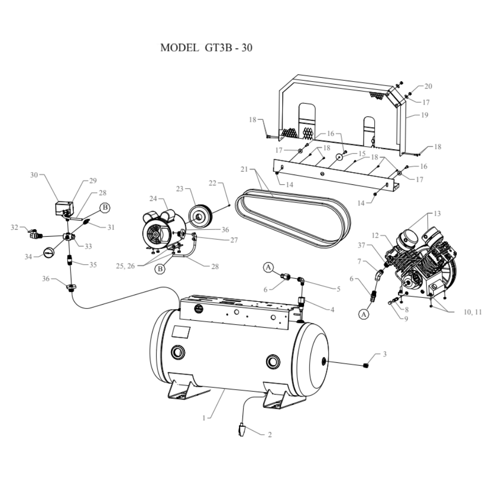 Main Diagram and Parts List for GT3B-30-SSC  Jenny Compressor