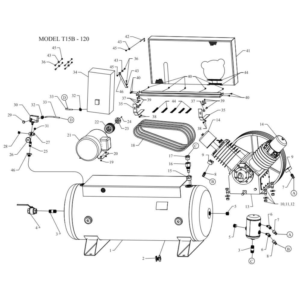 Main Diagram and Parts List for T15B-120-SSC  Jenny Compressor