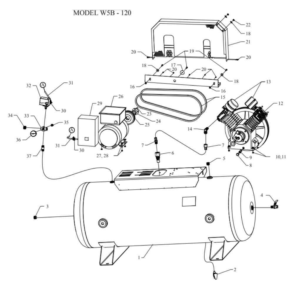 Main Diagram and Parts List for W5B-120-SSC  Jenny Compressor