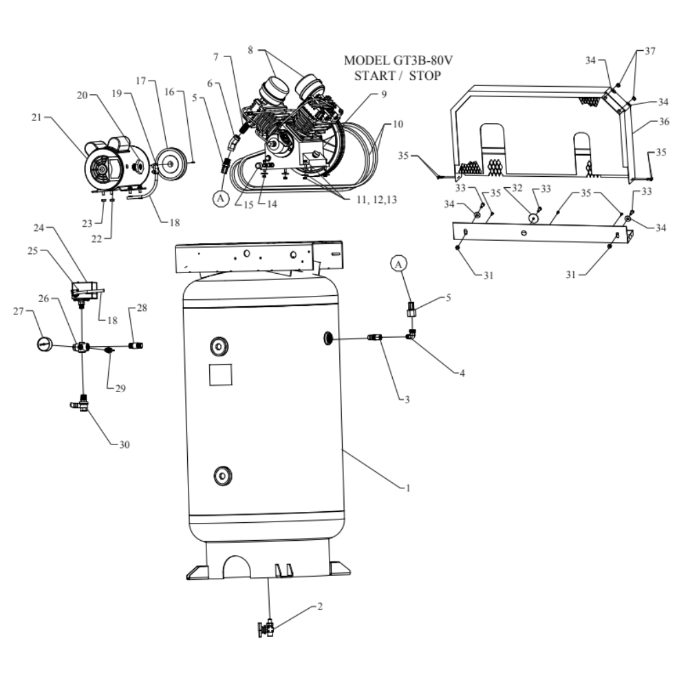Main Diagram and Parts List for GT3B-80V-SSC  Jenny Compressor