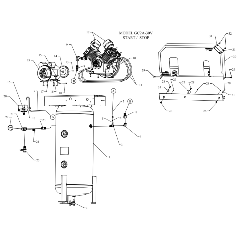 Main Diagram and Parts List for GC2A-30V-SSC  Jenny Compressor