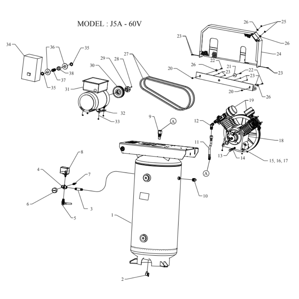 Main Diagram and Parts List for J5A-60V-SSC  Jenny Compressor