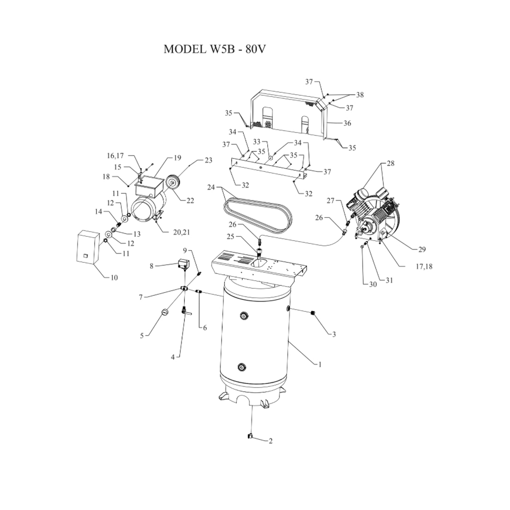 Main Diagram and Parts List for W5B-80V-SSC  Jenny Compressor