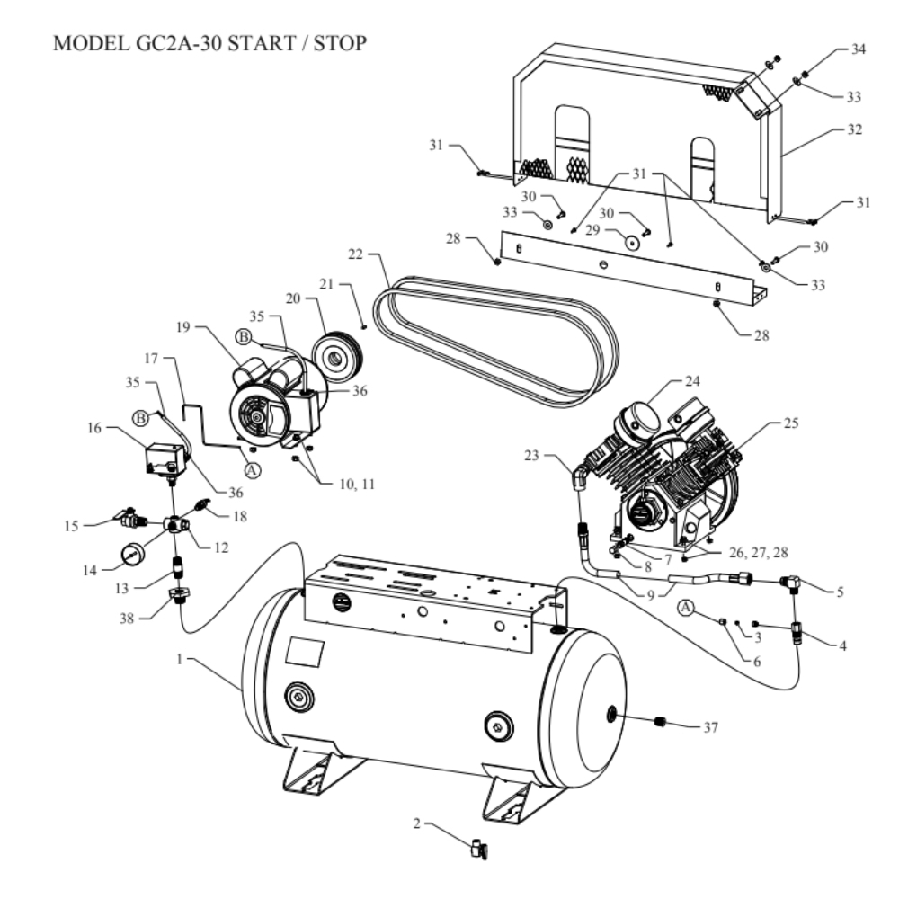 Main Diagram and Parts List for GC2A-30-SSC  Jenny Compressor