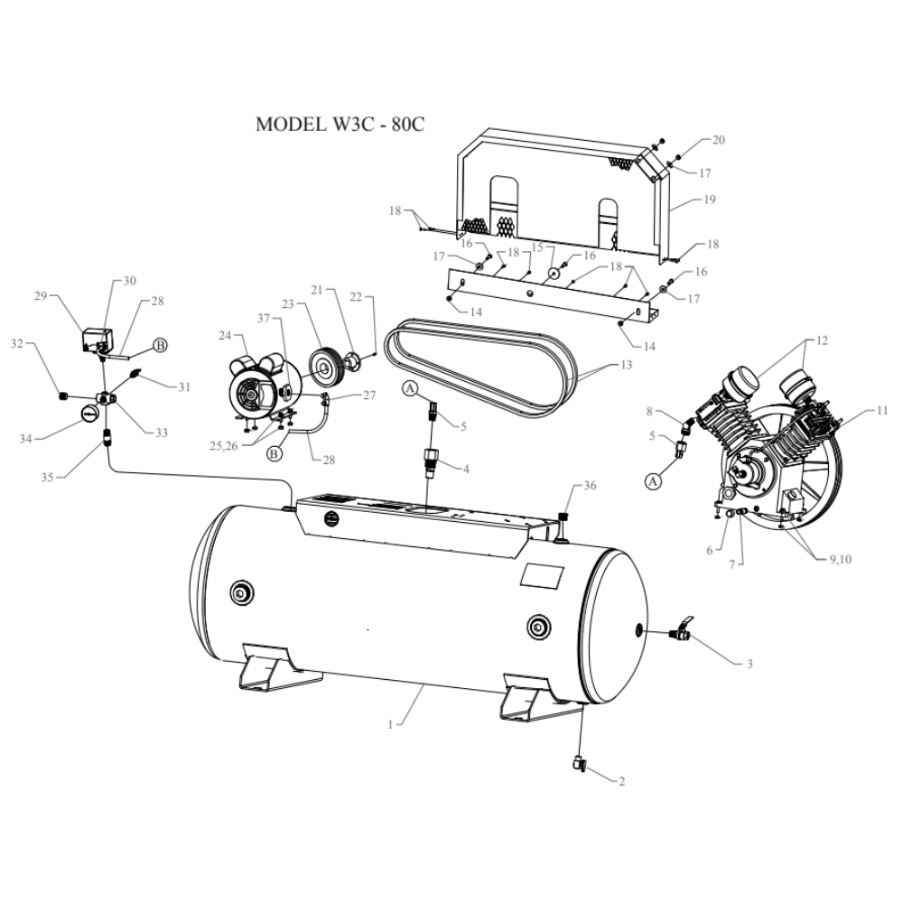 Main Diagram and Parts List for W3C-80C-SSC  Jenny Compressor