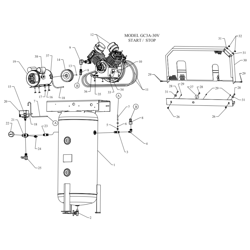 Main Diagram and Parts List for GC3A-30V-SSC  Jenny Compressor