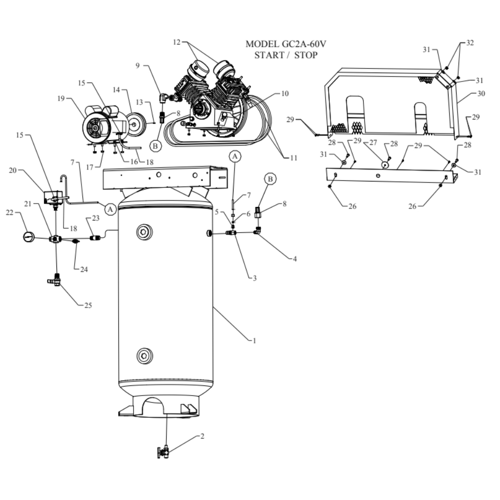 Main Diagram and Parts List for GC2A-60V-SSC  Jenny Compressor