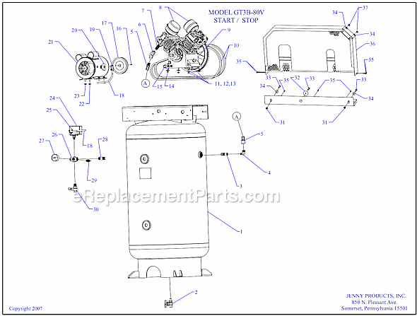 Page A Diagram and Parts List for GT3B-80V  Jenny Compressor