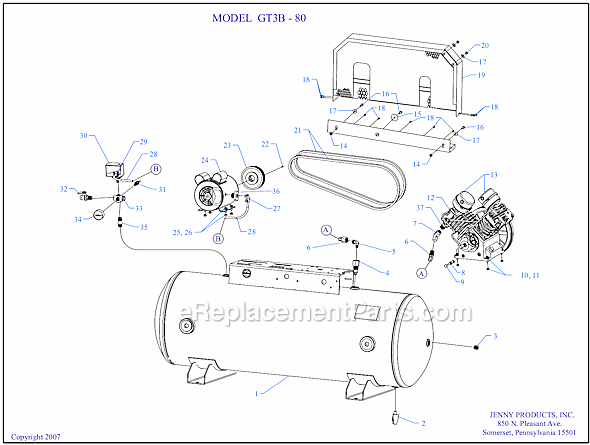 Page A Diagram and Parts List for GT3B-80  Jenny Compressor