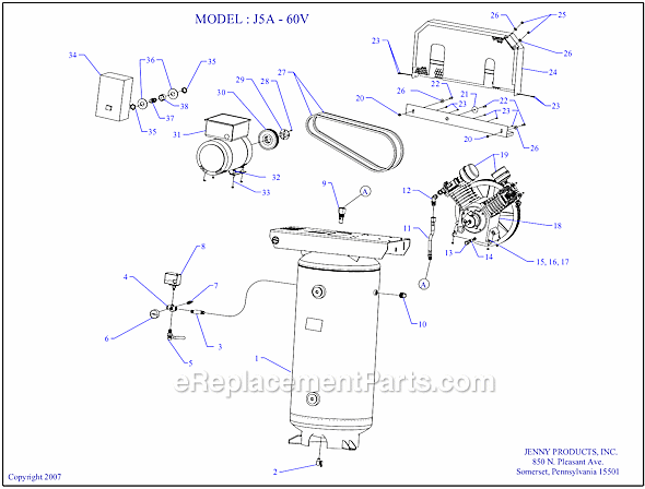 Page A Diagram and Parts List for J5A-60V  Jenny Compressor