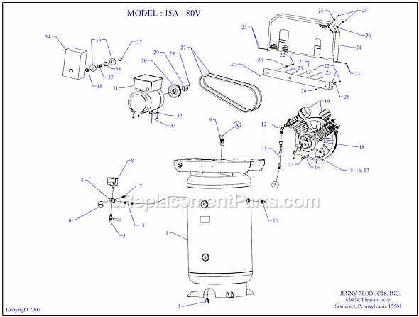 Page A Diagram and Parts List for J5A-80V  Jenny Compressor