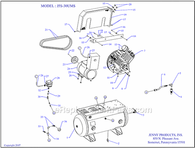 Part Location Diagram of 130-1026-01 Jenny Motor-5Hp