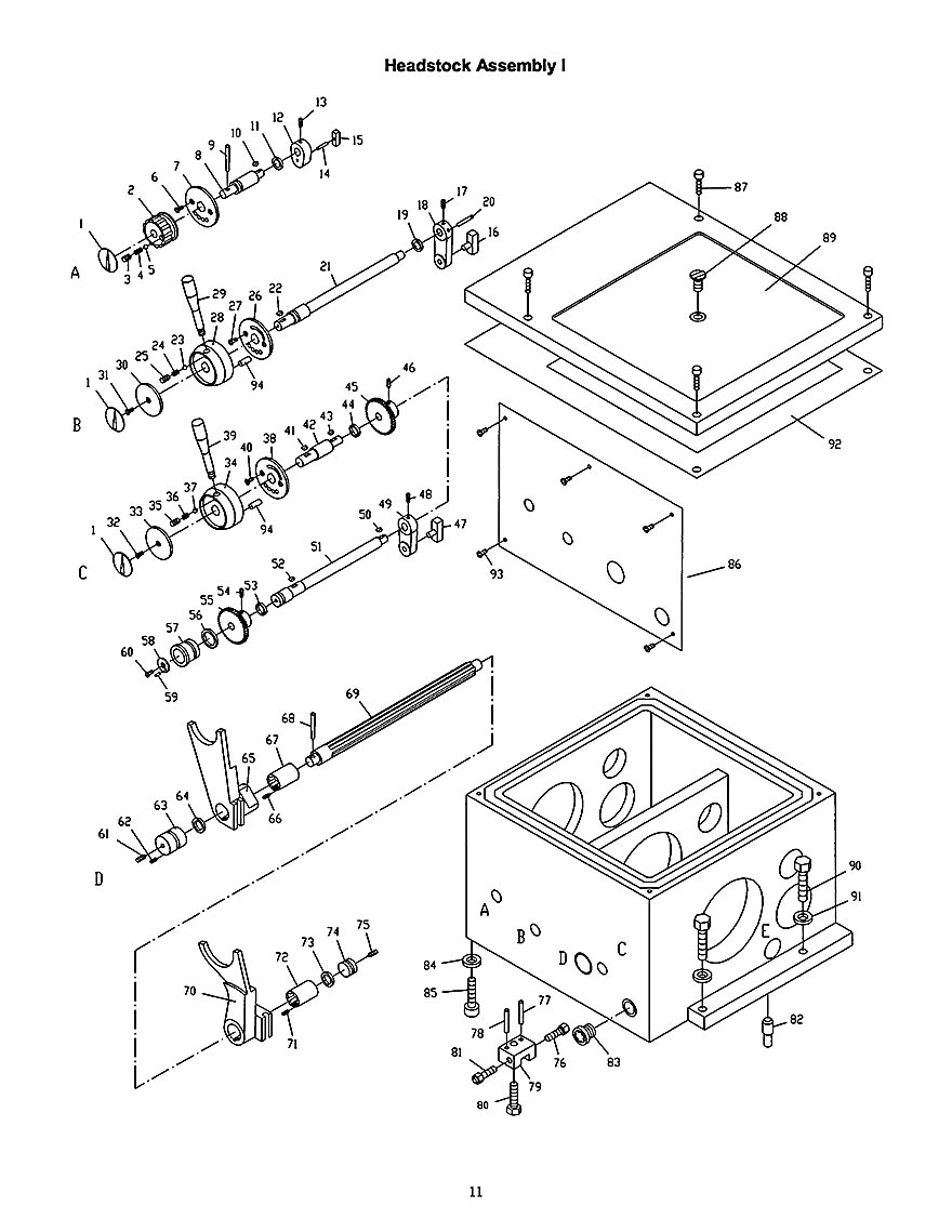Headstock Assembly I Diagram and Parts List for 321139 ZX Jet Lathe
