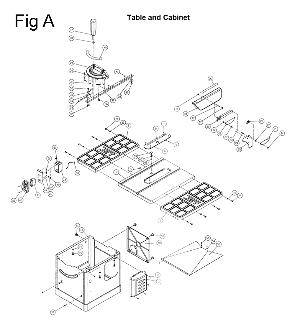 Fig-1 Diagram and Parts List for 708480K  Jet Table Saw
