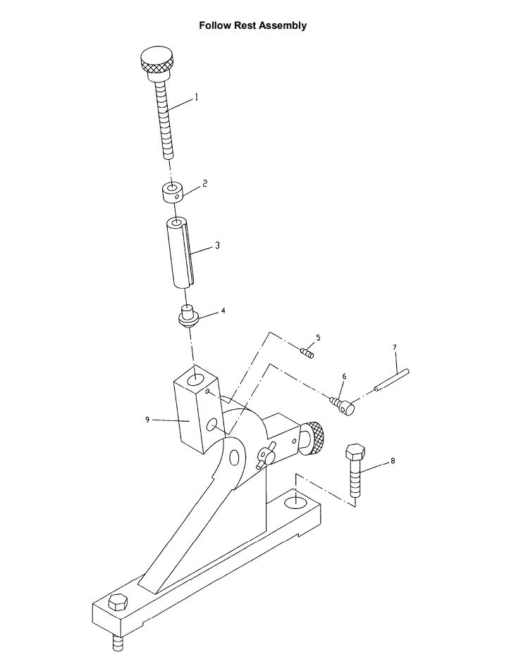 Follow Rest Assembly Diagram and Parts List for 321139 ZX Jet Lathe