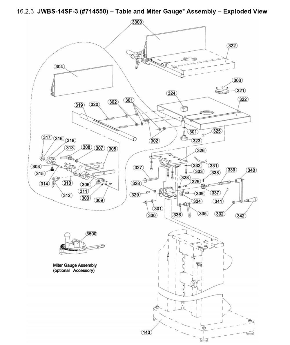 Fig-2 Diagram and Parts List for JWBS-14SF-3 714550 Jet Table Saw