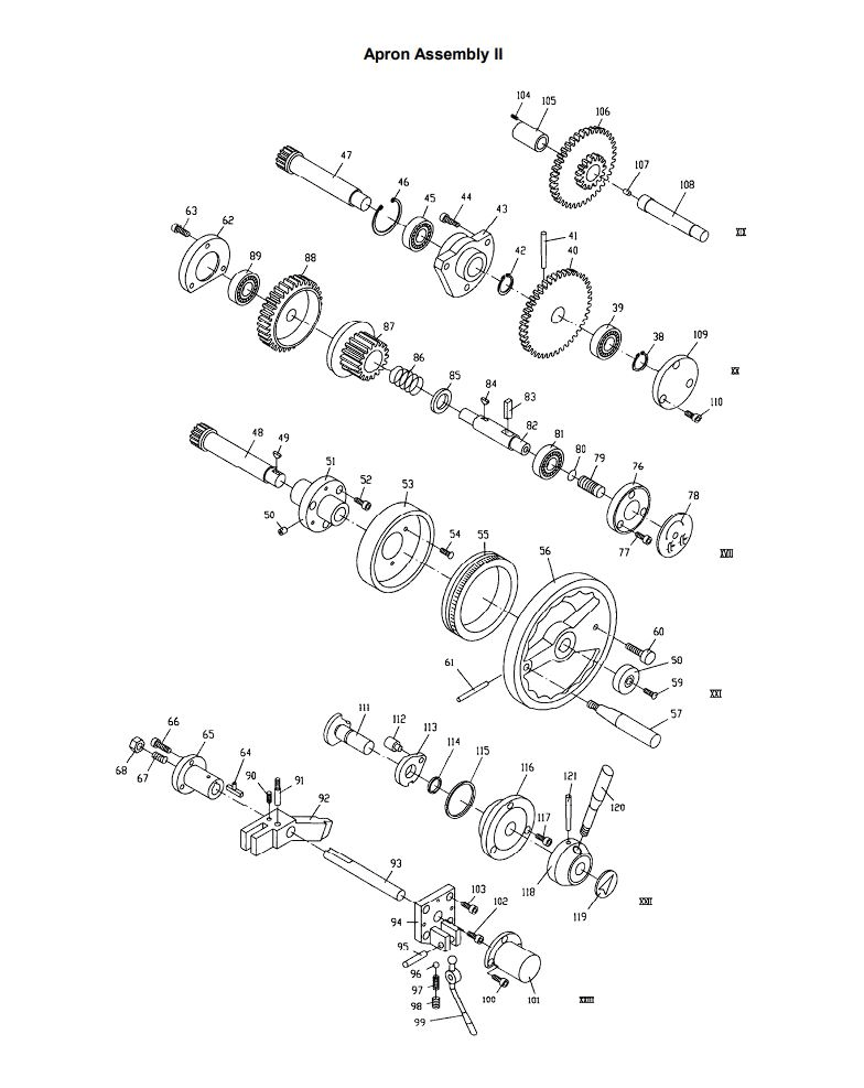 Apron Assembly Ii Diagram and Parts List for 321139 ZX Jet Lathe