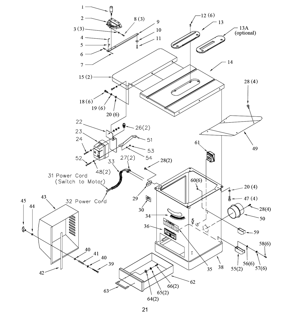 Fig-0 Diagram and Parts List for 708675PK  Jet Table Saw