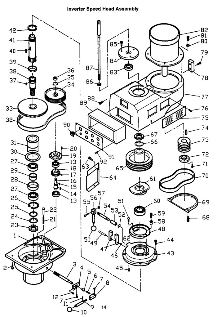 Inverter Speed Head Assembly Diagram and Parts List for 690155 JTM-1050EVS Jet Metal Work & Weld