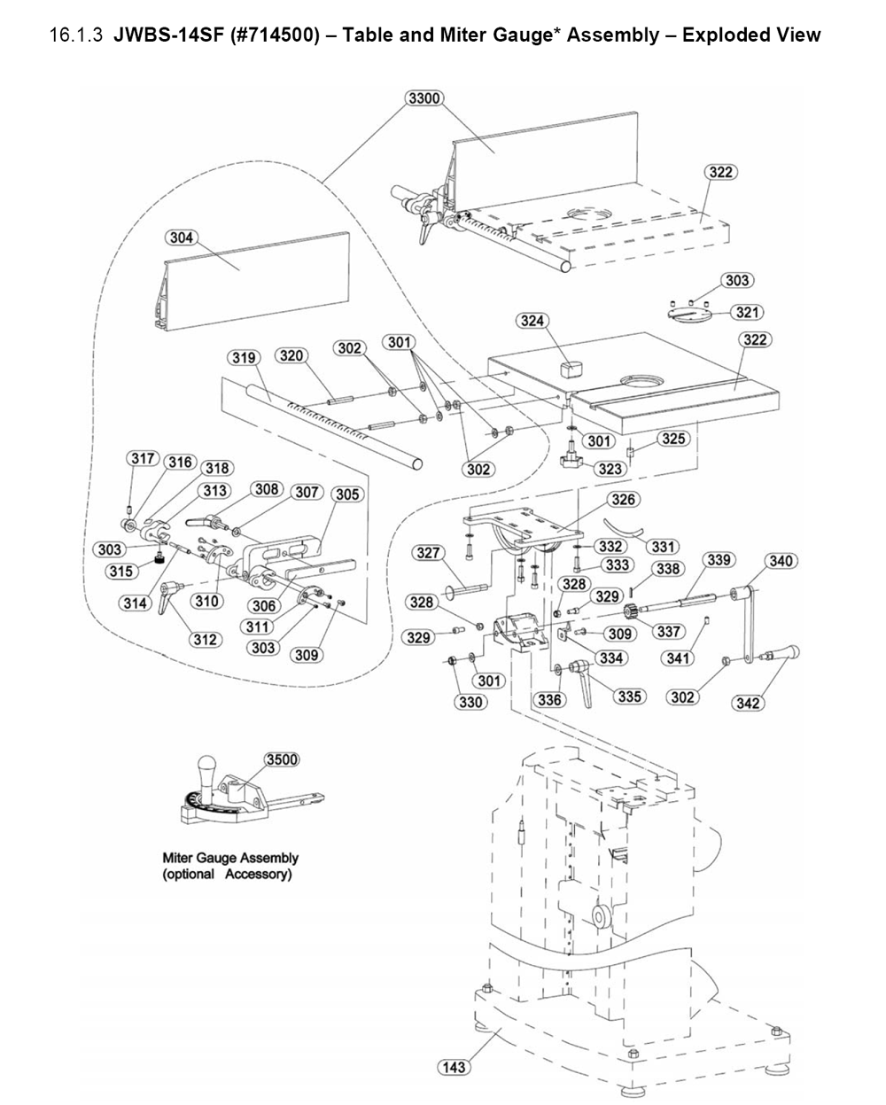 Fig-2 Diagram and Parts List for JWBS-14SF 714500 Jet Table Saw