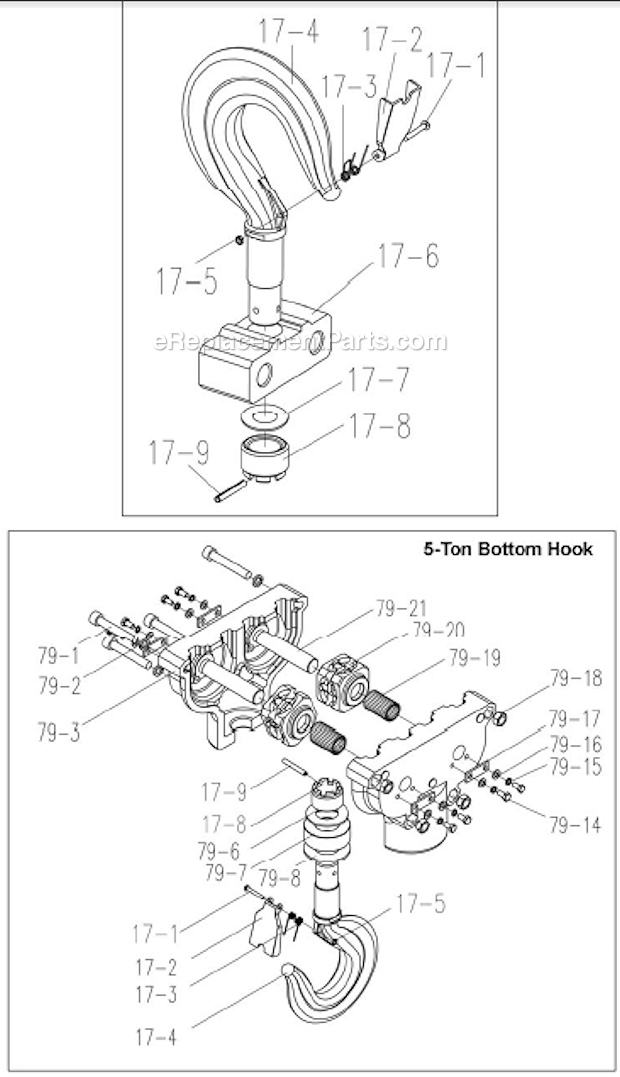 Hook Assembly Diagram and Parts List for 5SS-1C-15  Jet Hoist & Winch
