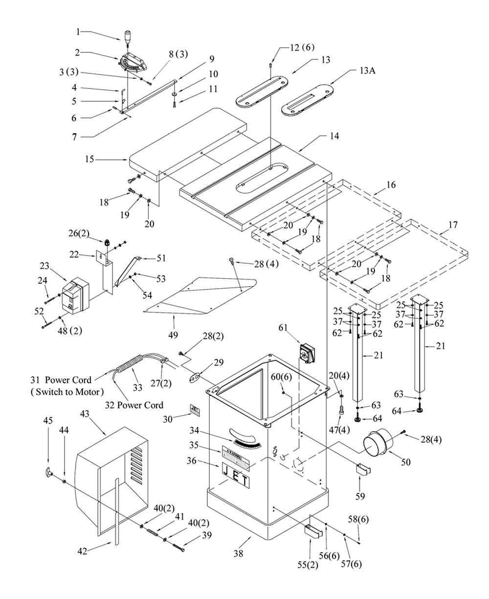 Fig-0 Diagram and Parts List for 708546PK  Jet Table Saw