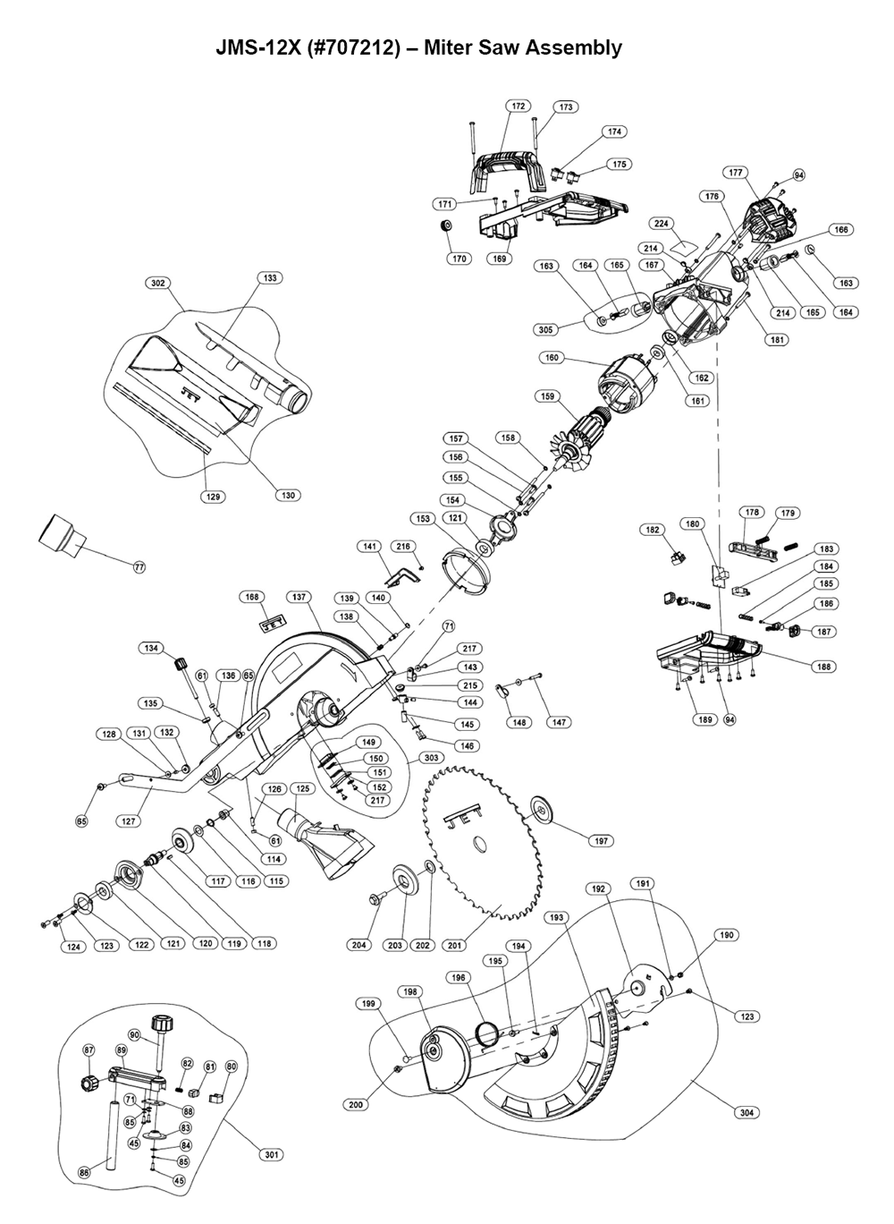 Fig-1 Diagram and Parts List for 707212  Jet Table Saw