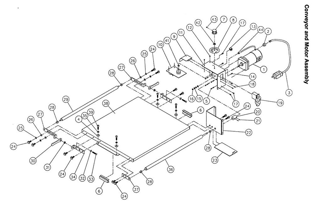 Conveyor And Motor Assembly Diagram and Parts List for 649004K 22-44 Jet Sander
