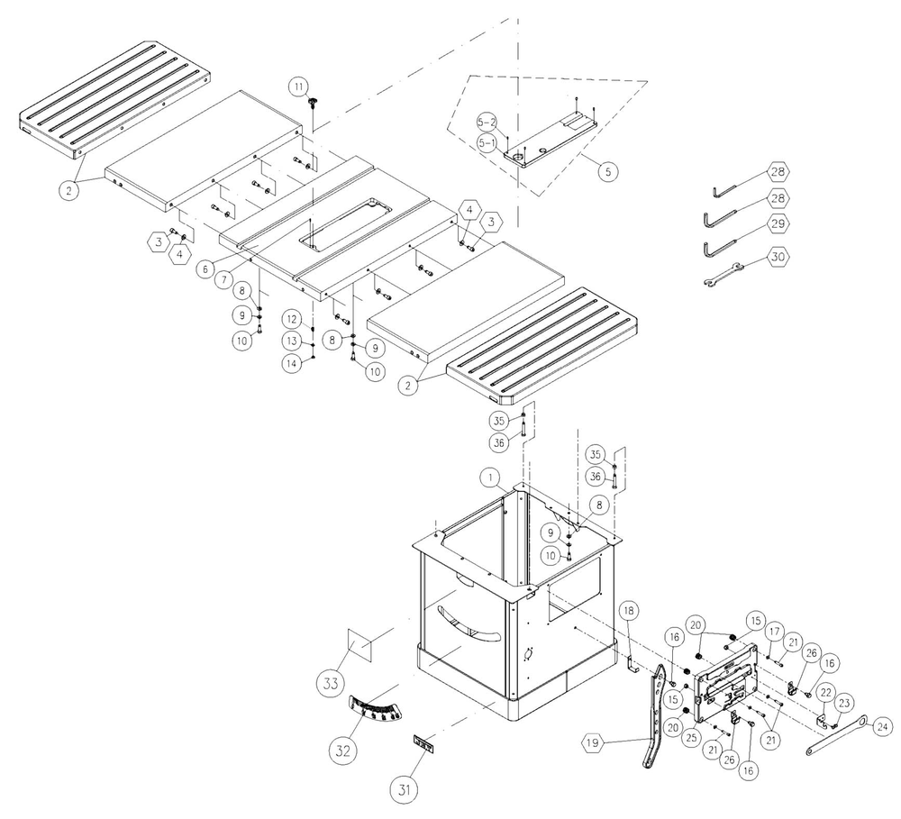 Table And Cabinet Diagram and Parts List for JPS2-115  Jet Table Saw