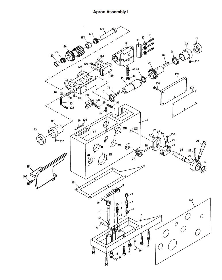 Apron Assembly I Diagram and Parts List for 321139 ZX Jet Lathe