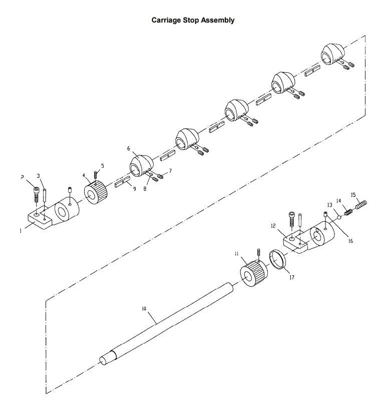 Carriage Stop Assembly Diagram and Parts List for 321139 ZX Jet Lathe