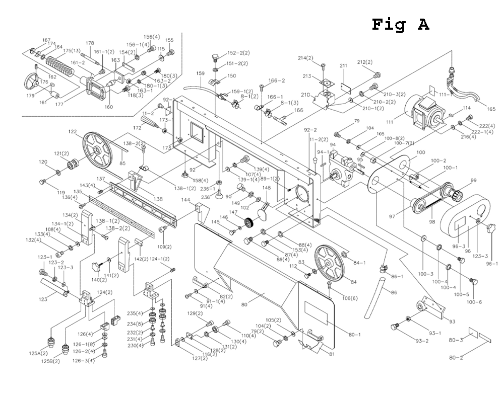 Fig-1 Diagram and Parts List for J-7040 414499 Jet Table Saw