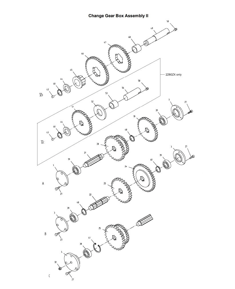 Change Gear Box Assembly Ii Diagram and Parts List for 321139 ZX Jet Lathe