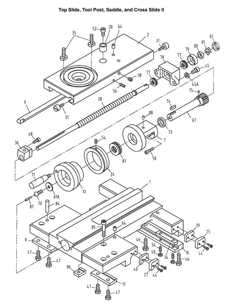 Top Slide, Tool Post, Saddle, And Cross Slide Ii Diagram and Parts List for 321459 GH-1340W Jet Lathe