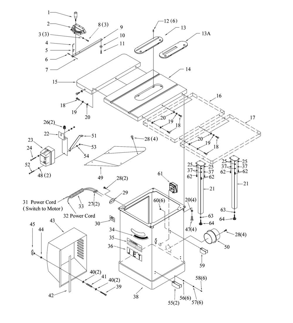 Fig-0 Diagram and Parts List for JTAS-12-DX 708546 Jet Table Saw