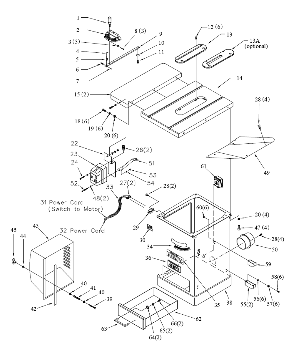 Fig-0 Diagram and Parts List for 708679PK  Jet Table Saw