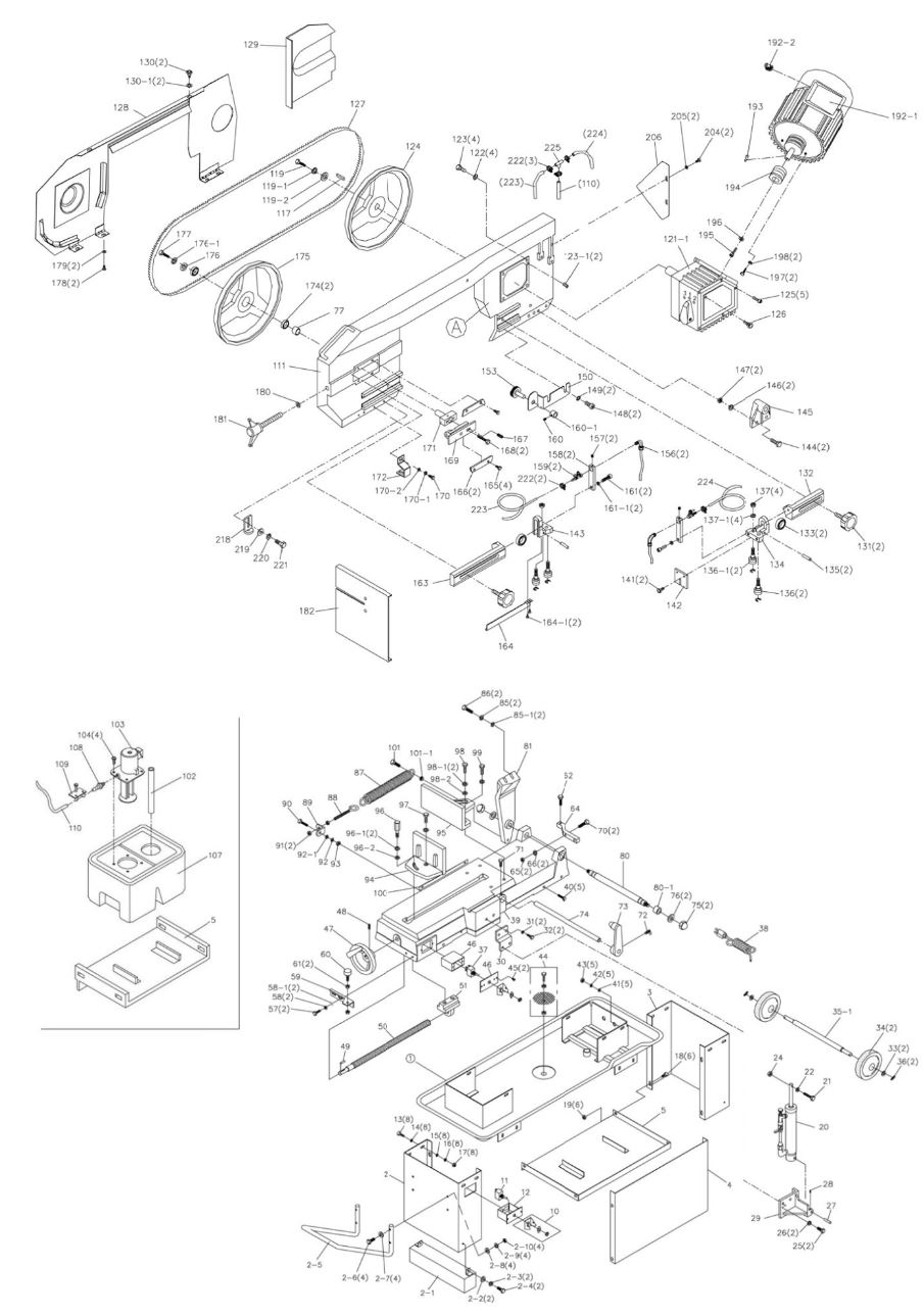 Table And Stand Assembly Diagram and Parts List for HBS-812G  Jet Band Saw