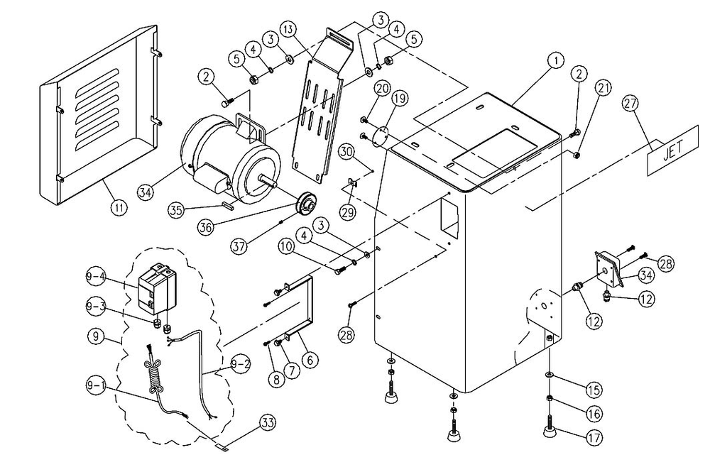 Base Assembly - Phase 3 Models Diagram and Parts List for 414603 J-4401A Jet Sander